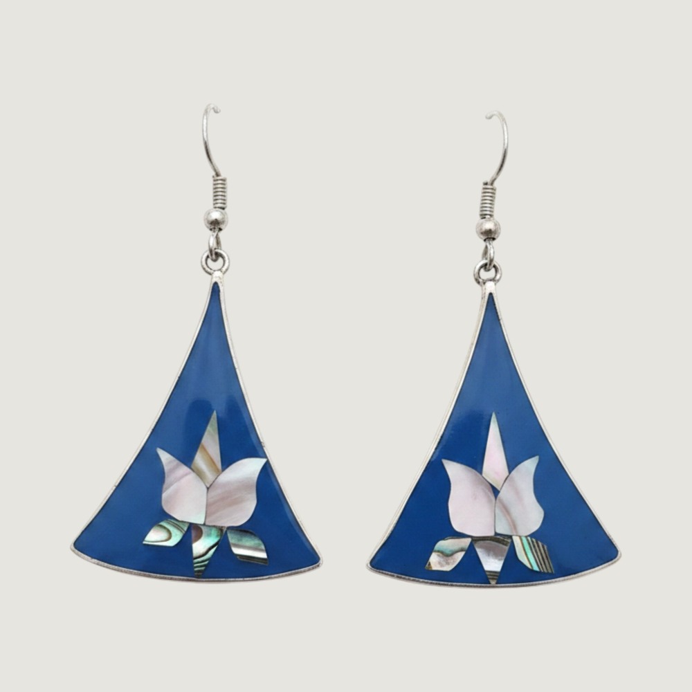 Handmade Alpaca Silver Blue Enamel Abalone Mother of Pearl Tulip Earrings Mexico